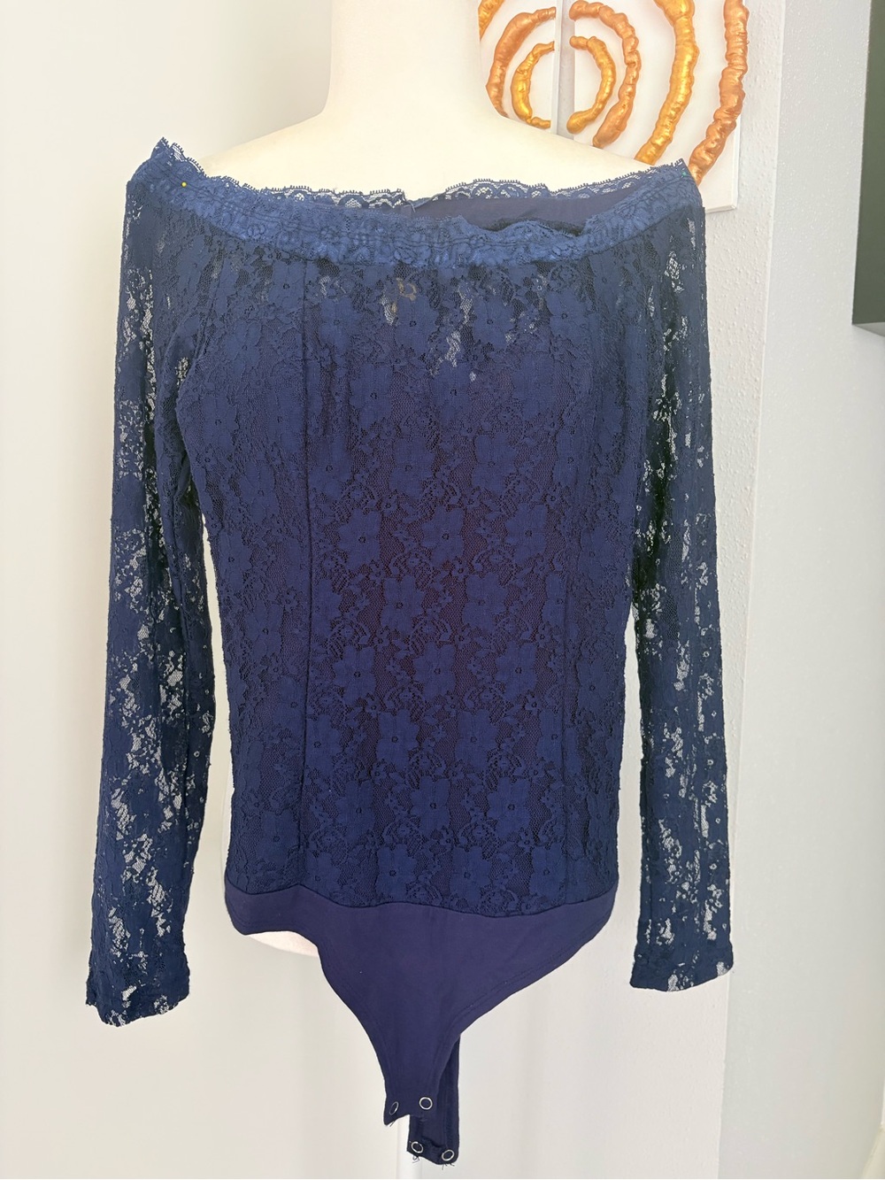 Women's Navy Lace Long-Sleeve Bodysuit